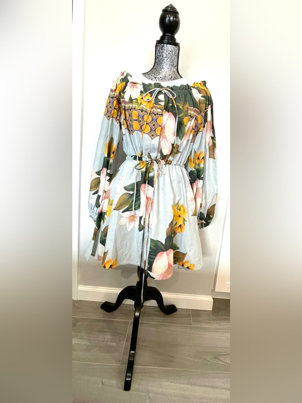 FARM Rio Light Blue Floral Mini Dress with Yellow & Green Accents